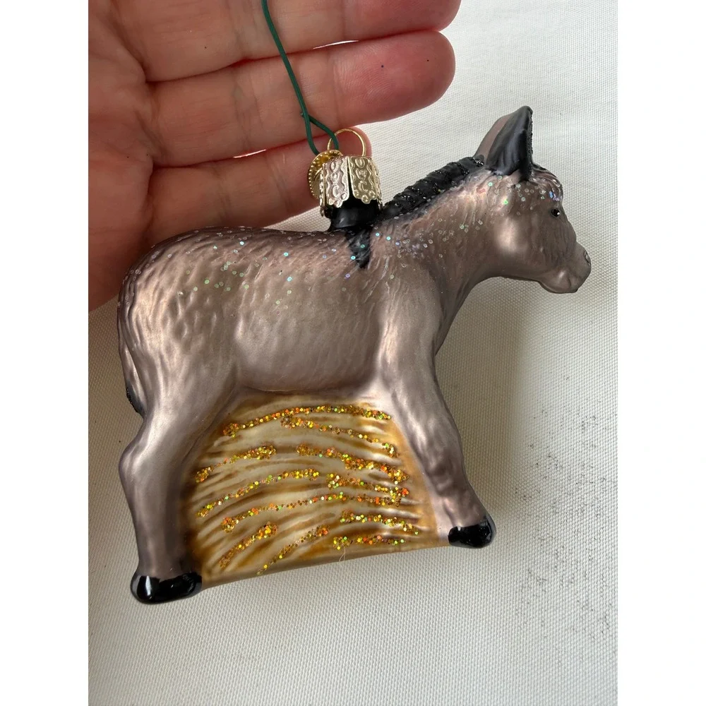 Old World Christmas Donkey Glass Ornament 12154 Taupe Glitter Farm Animal OWC